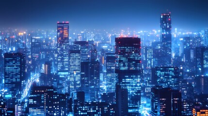 Obraz premium Nighttime view of a technologically advanced city with sleek, illuminated skyscrapers. Premium background for the latest technology needs.