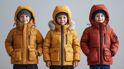 Fototapeta premium Three Children in Warm Winter Jackets.