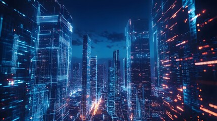 Obraz premium Nighttime view of a technologically advanced city with sleek, illuminated skyscrapers. Premium background for the latest technology needs.