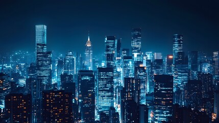 Naklejka premium Nighttime view of a technologically advanced city with sleek, illuminated skyscrapers. Premium background for the latest technology needs.