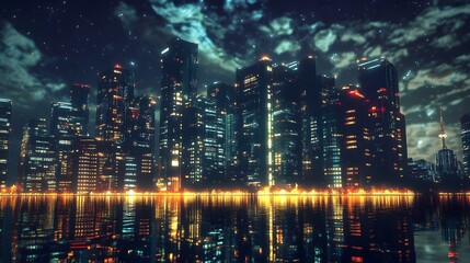 Fototapeta premium Nighttime view of a technologically advanced city with sleek, illuminated skyscrapers. Premium background for the latest technology needs.