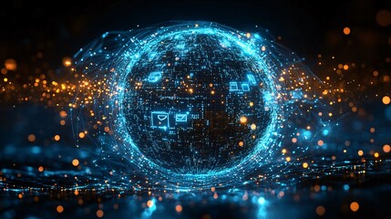 A 3D globe with search engine icons orbiting in perfectly synchronized patterns, each icon emitting a soft, glowing aura. 