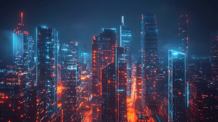 Fototapeta premium Nighttime view of a technologically advanced city with sleek, illuminated skyscrapers. Premium background for the latest technology needs.