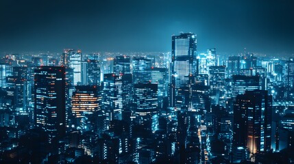Nighttime view of a technologically advanced city with sleek, illuminated skyscrapers. Premium background for the latest technology needs.
