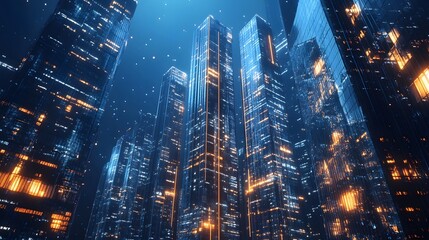 Nighttime view of a technologically advanced city with sleek, illuminated skyscrapers. Premium background for the latest technology needs.