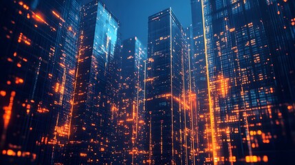 Fototapeta premium Nighttime view of a technologically advanced city with sleek, illuminated skyscrapers. Premium background for the latest technology needs.