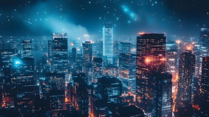 Nighttime view of a technologically advanced city with sleek, illuminated skyscrapers. Premium background for the latest technology needs.