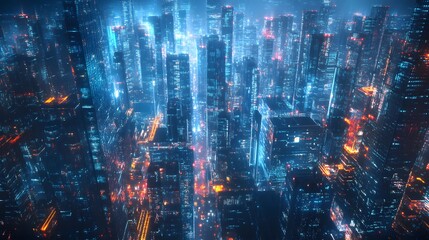 Obraz premium Nighttime view of a technologically advanced city with sleek, illuminated skyscrapers. Premium background for the latest technology needs.