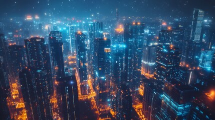 Nighttime view of a technologically advanced city with sleek, illuminated skyscrapers. Premium background for the latest technology needs.