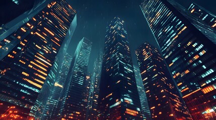 Nighttime view of a technologically advanced city with sleek, illuminated skyscrapers. Premium background for the latest technology needs.