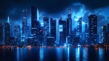 Naklejka premium Nighttime view of a technologically advanced city with sleek, illuminated skyscrapers. Premium background for the latest technology needs.