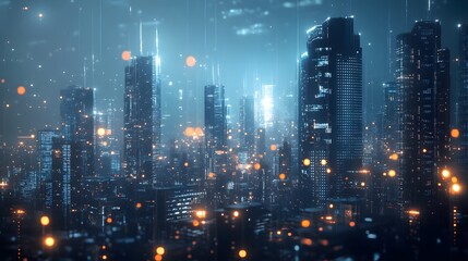 Fototapeta premium Nighttime view of a technologically advanced city with sleek, illuminated skyscrapers. Premium background for the latest technology needs.