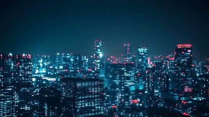 Obraz premium Nighttime view of a technologically advanced city with sleek, illuminated skyscrapers. Premium background for the latest technology needs.