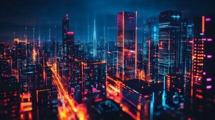 Fototapeta premium Nighttime view of a technologically advanced city with sleek, illuminated skyscrapers. Premium background for the latest technology needs.