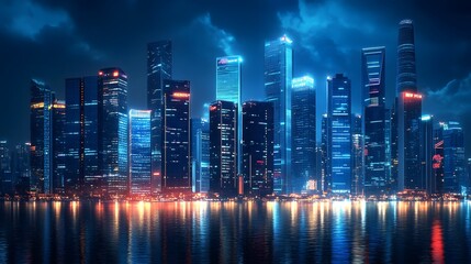 Obraz premium Nighttime view of a technologically advanced city with sleek, illuminated skyscrapers. Premium background for the latest technology needs.