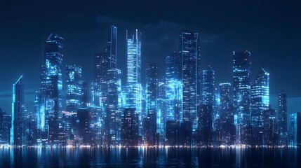 Nighttime view of a technologically advanced city with sleek, illuminated skyscrapers. Premium background for the latest technology needs.