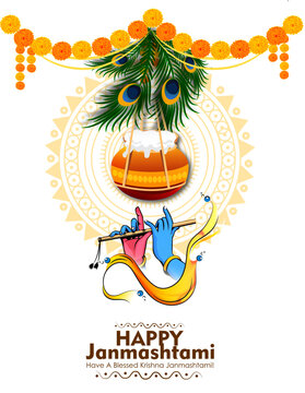 Celebrating happy Janmashtami festival of India with llustration of Lord Krishna playing bansuri (flute) and dahi handi competition with text in Hindi meaning 'Krishan Janmashtami'- vector background