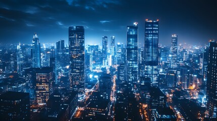 Obraz premium Nighttime view of a technologically advanced city with sleek, illuminated skyscrapers. Premium background for the latest technology needs.