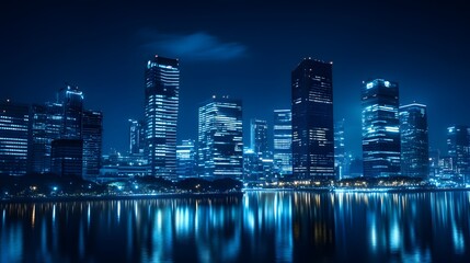 Fototapeta premium Nighttime view of a technologically advanced city with sleek, illuminated skyscrapers. Premium background for the latest technology needs.