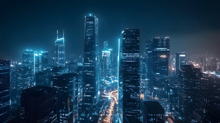 Fototapeta premium Nighttime view of a technologically advanced city with sleek, illuminated skyscrapers. Premium background for the latest technology needs.