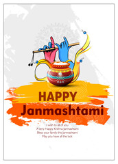Celebrating happy Janmashtami festival of India with llustration of Lord Krishna playing bansuri (flute) and dahi handi competition with text in Hindi meaning 'Krishan Janmashtami'- vector background