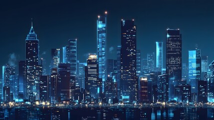 Nighttime view of a technologically advanced city with sleek, illuminated skyscrapers. Premium background for the latest technology needs.