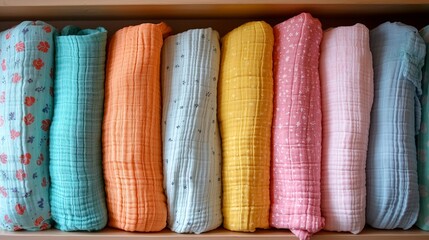 Colorful Muslin Swaddles Rolled Up on Shelf.