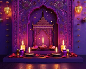A 3D arch design illustration of an Indian architecture, around the arch lights, candles, diya-oil lamp illuminated on the purple background