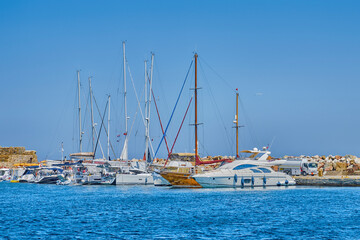 Bozcaada, Turkey, View of the port, fortress, Aegean Sea and Colorful streets with old beautiful houses and bright flowers