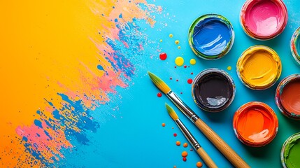 Colorful Paint Pots with Paint Brushes on Blue and Yellow Background.