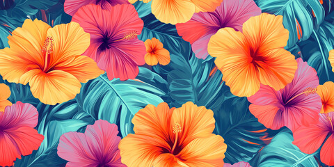 Tropical hibiscus with warm breezes in coral, orange, and turquoise, seamless pattern