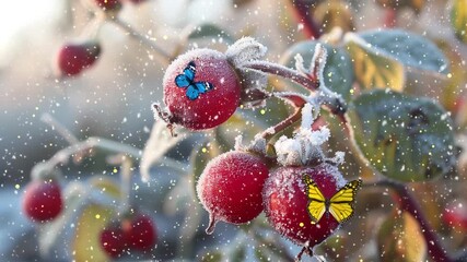 frosted red rose hips in the garden seamless looping overlay 4k virtual video animation background