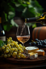 Obraz premium wine in a glass with cheese and grapes on a dark table.