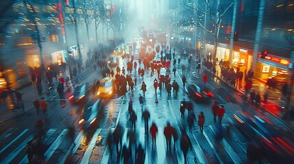 A bustling city street illuminated by neon lights.