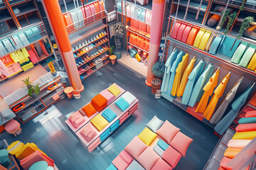 Obraz premium Colorful shop, beautiful elements, 3D composition, top view, highlighting vibrant retail spaces, advanced tone, analogous color scheme