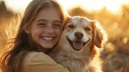 Joyful Girl Embracing Fluffy Dog in Sunny Outdoor Scene