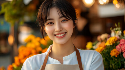 Happy young Asian woman seller florist standing in flower shop. Sale, small business and floristry concept.
