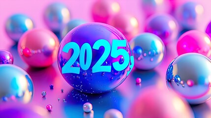 Celebrate the Future: Vibrant 2025 Artwork with Glossy Pastel Spheres - Perfect for Sports Interior Decor or Event Posters!