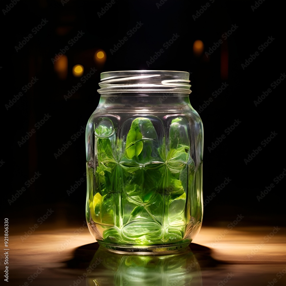 Poster glass jar with green olives on the table