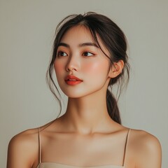 Fototapeta premium Asian woman in a top that emphasizes her beautiful neck and jaw line