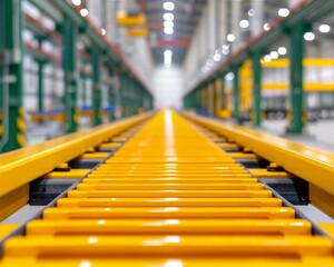 Fototapeta premium Close-up view of a bright yellow conveyor belt in a modern warehouse, showcasing efficient design and organization for logistics.