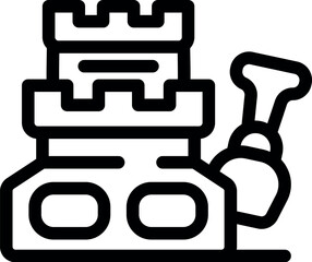 Line icon of a sandcastle being built with a bucket and shovel