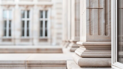 Obraz premium Close-up view of a marble column showcasing architectural details against a blurred background of an elegant building.