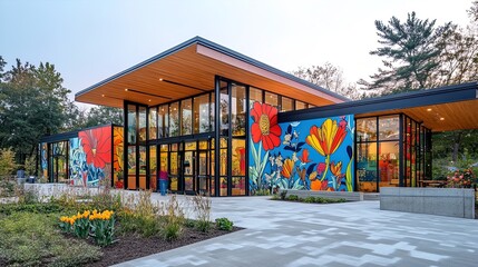 Obraz premium Vibrant Youth Center Poster: Oversized Murals of Lush Flora in a Harmonious Architectural Design, Perfect for Sports Interiors and Playful Outdoor Spaces!