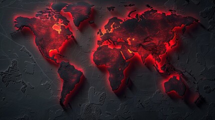 A dark wall-mounted glowing world map highlighting global business locations, modern.
