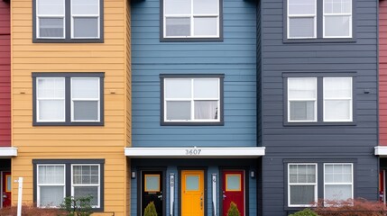 Fototapeta premium Colorful townhouse exteriors with modern design, showcasing vibrant hues and architectural details in a residential setting.