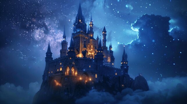 Enchanted castle on a hill with glowing turrets and a softly illuminated setting