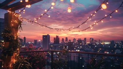Fototapeta premium Festive Rooftop Party with String Lights and Sparkling City Skyline at Dusk