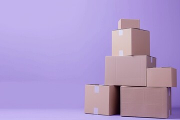 Stacked Cardboard Boxes on Purple Background - Minimalist Design for Moving, Storage, and Packaging Themes