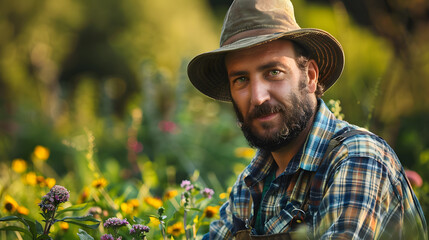 Portrait of a male gardener in work clothes against a background of plants. AI Generated